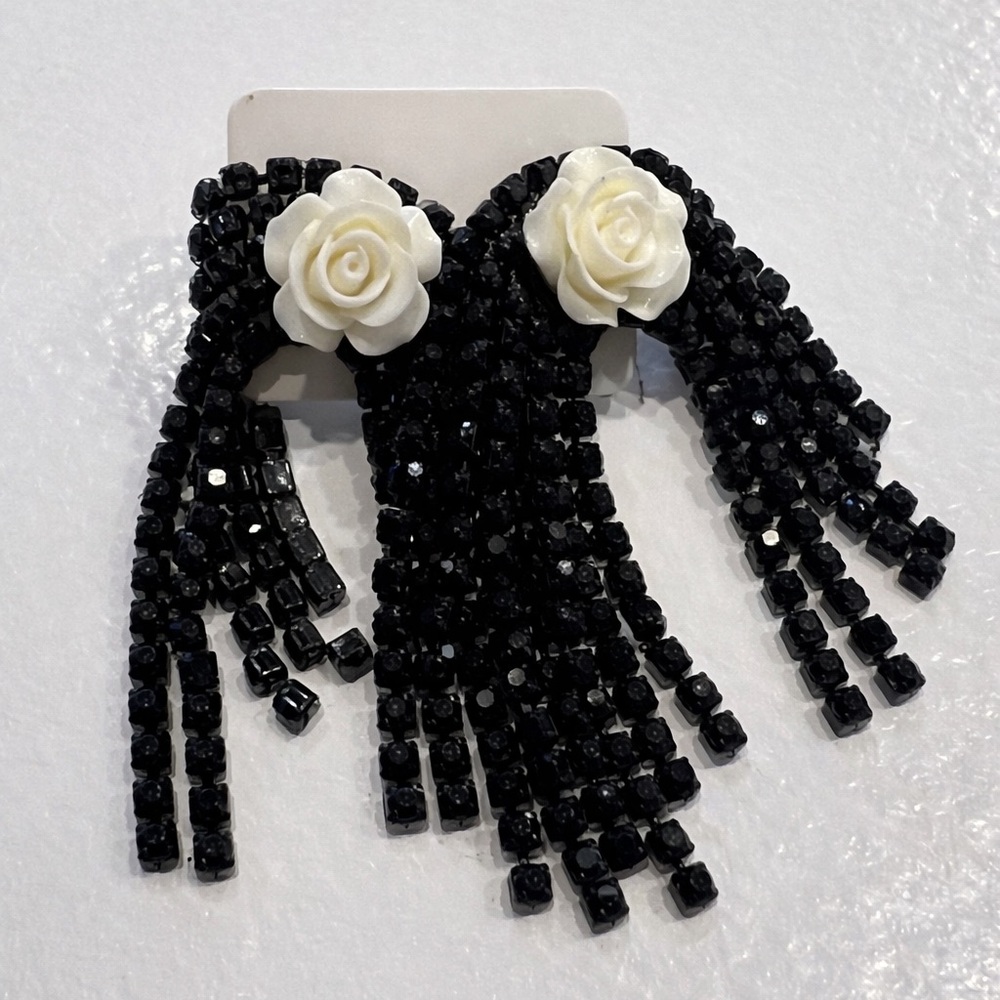 Black Beaded Earrings with White Rose